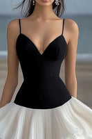 Load image into Gallery viewer, Black and White Chiffon Asymmetrical Short Graduation Dress with Ruffles