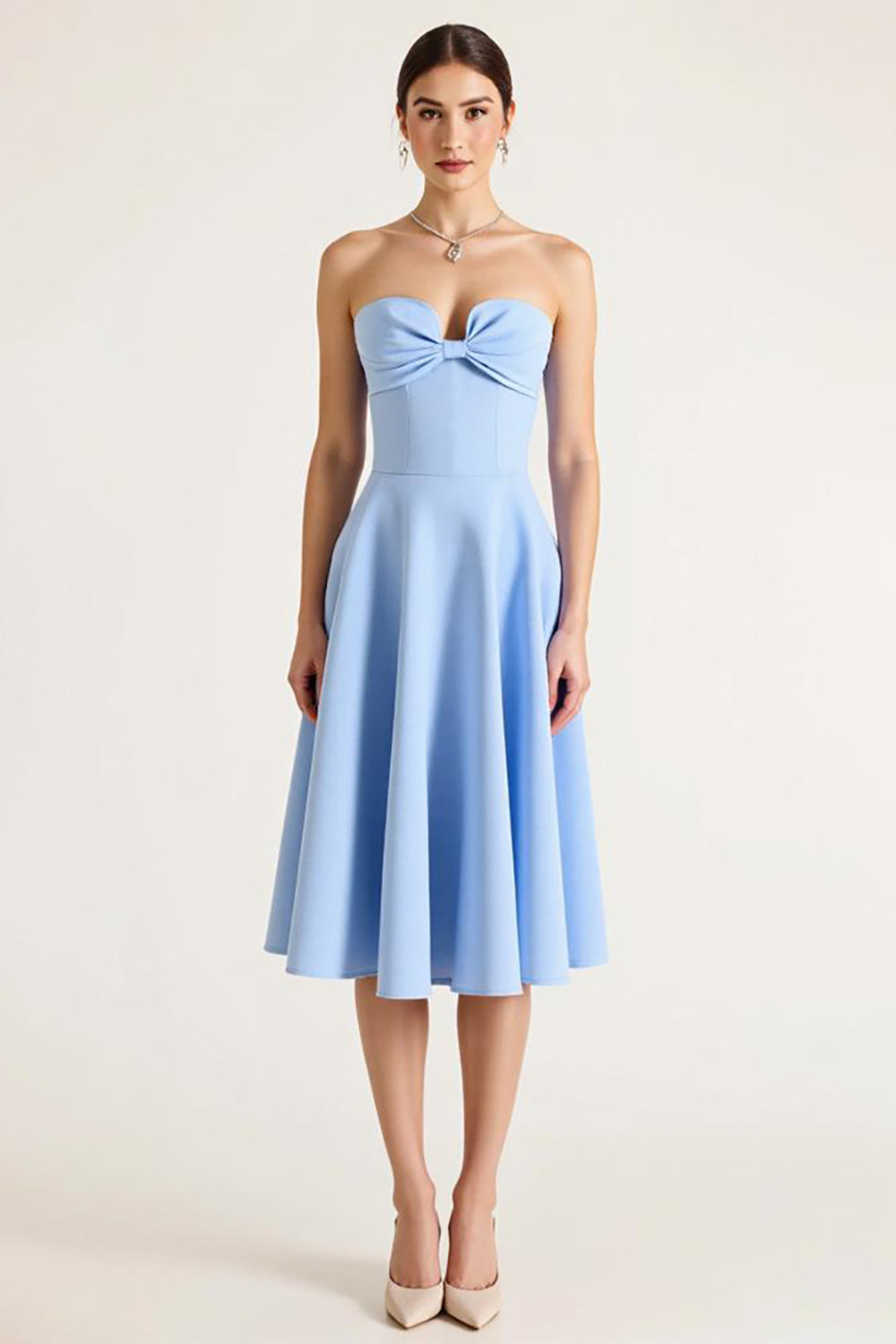 Sky Blue A Line Satin Midi Graduation Dress with Bow