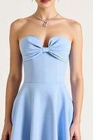 Load image into Gallery viewer, Sky Blue A Line Satin Midi Graduation Dress with Bow