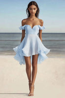 Load image into Gallery viewer, Sky Blue Chiffon Ruched A Line Short Graduation Dress with Ruffles