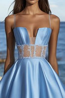 Load image into Gallery viewer, Blue Satin Spaghetti Straps Short Graduation Dress with Lace