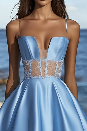 Blue Satin Spaghetti Straps Short Graduation Dress with Lace