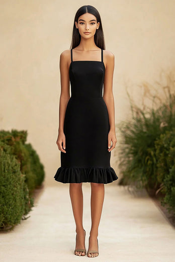 Black Satin Midi Bodycon Formal Dress with Ruffles