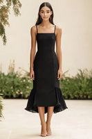 Load image into Gallery viewer, Black Satin Long Mermaid Formal Dress with Ruffles