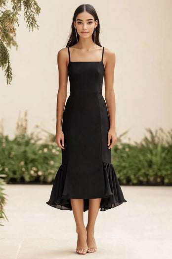 Black Satin Long Mermaid Formal Dress with Ruffles