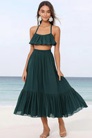 Load image into Gallery viewer, Dark Green Chiffon Two Piece A Line Boho Maxi Dress with Ruffles