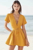 Load image into Gallery viewer, Yellow Satin V Neck Short A Line Cocktail Dress with Sash
