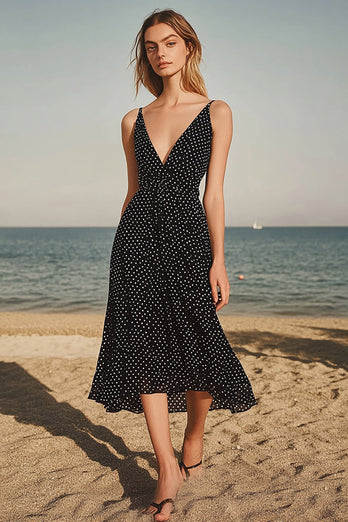 Black White Dots Chiffon V Neck A Line Boho Maxi Dress