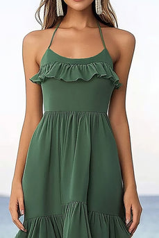 Eucalyptus Chiffon Halter A Line Boho Maxi Dress with Ruffles