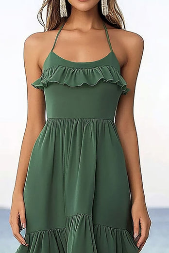 Eucalyptus Chiffon Halter A Line Boho Maxi Dress with Ruffles