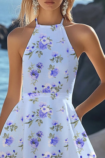 Blue Halter Floral A Line Short Boho Dress