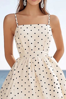 Ivory Polka Dots Spaghetti Straps Short A Line Boho Dress
