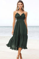 Load image into Gallery viewer, Dark Green Chiffon Halter A Line Boho Maxi Dress with Ruffles