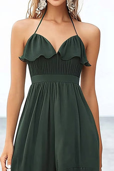 Dark Green Chiffon Halter A Line Boho Maxi Dress with Ruffles