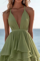Load image into Gallery viewer, Green Chiffon V Neck A Line Boho Dress with Ruffles