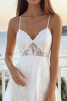 Load image into Gallery viewer, White Lace A Line Spaghetti Straps Midi Graduation Dress