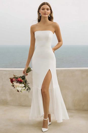 White Chiffon Mermaid Long Engagement Dress with Slit