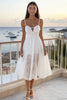 Load image into Gallery viewer, White A Line Lace Spaghetti Straps Midi Graduation Dress with Keyhole