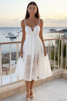 Load image into Gallery viewer, White A Line Lace Spaghetti Straps Midi Graduation Dress with Keyhole