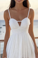 Load image into Gallery viewer, White A Line Lace Spaghetti Straps Midi Graduation Dress with Keyhole