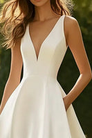 Load image into Gallery viewer, White A Line Satin V Neck Long Engagement Dress