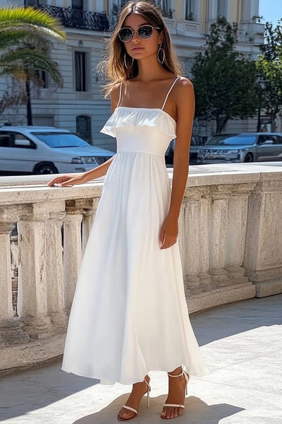 White A Line Spaghetti Straps Long Boho Maxi Dress with Ruffles