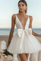 Load image into Gallery viewer, White Tulle Deep V Neck Short A-Line Graduation Dress with Bow