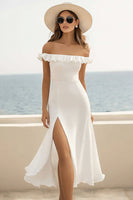 Load image into Gallery viewer, White Sheath Chiffon Midi Graduation Dress with Slit