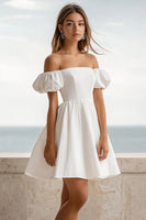 Load image into Gallery viewer, White Puff Sleeves A Line Short Graduation Dress