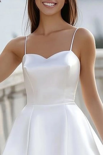 Simple White Spaghetti Straps Satin Short Graduation Dress