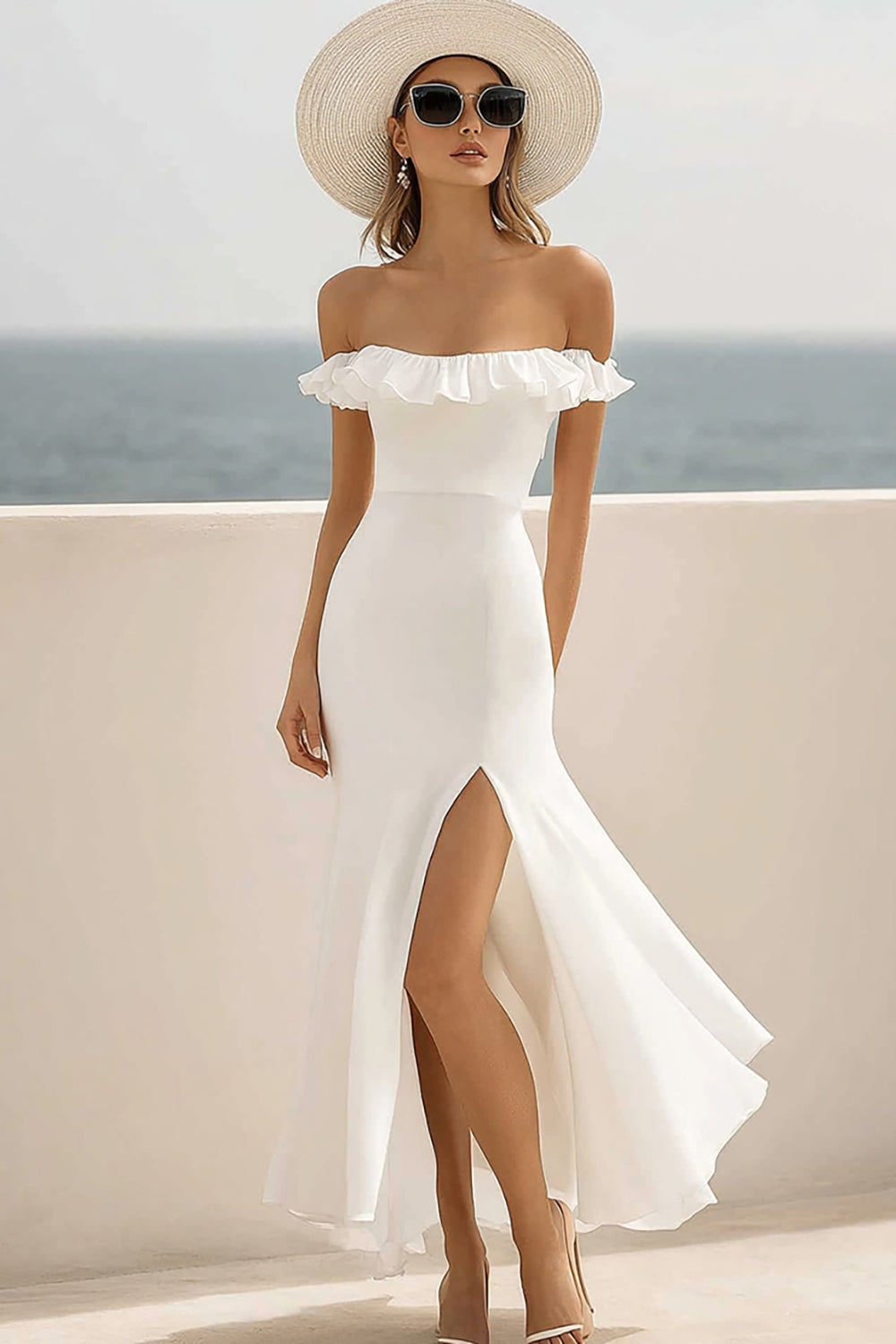 White Mermaid Chiffon Long Engagement Dress with Slit