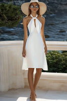 Load image into Gallery viewer, White A Line Chiffon Halter Midi Graduation Dress