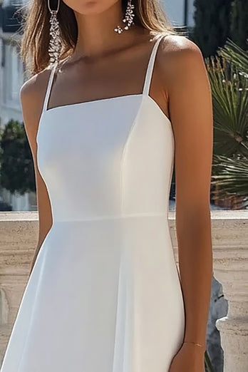 White Satin A Line Spaghetti Straps Midi Graduation Dress