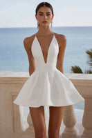 Load image into Gallery viewer, White Satin V Neck Ruched A-Line Short Graduation Dress