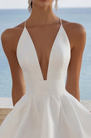 Load image into Gallery viewer, White Satin V Neck Ruched A-Line Short Graduation Dress