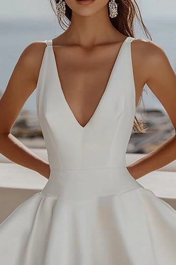 White V Neck Satin A-Line Short Graduation Dress