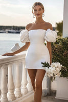 Load image into Gallery viewer, White Satin Puff Sleeves Bodycon Short Graduation Dress