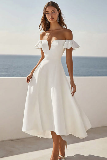White Satin A Line Short Sleeves Long Engagement Dress