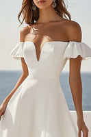 Load image into Gallery viewer, White Satin A Line Short Sleeves Long Engagement Dress