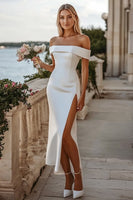 Load image into Gallery viewer, Satin White Mermaid Long Engagement Dress with Slit