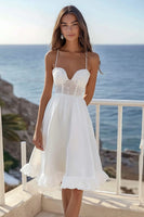 Load image into Gallery viewer, White A Line Corset Midi Graduation Dress with Ruffles