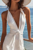 Load image into Gallery viewer, White Satin V Neck Bodycon Short Graduation Dress with Sash