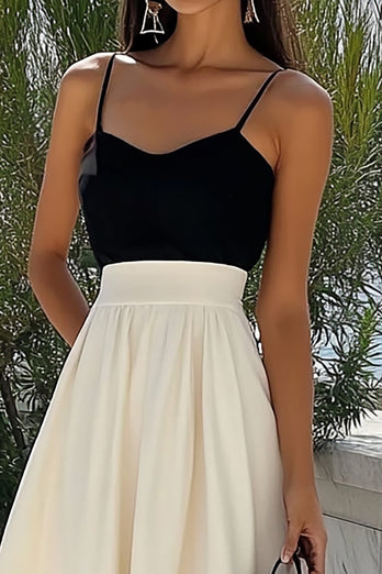 Black and Ivory Satin A Line Long Formal Dress