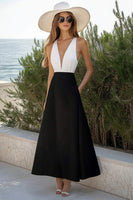 Load image into Gallery viewer, White and Black Satin V Neck A Line Boho Maxi Dress