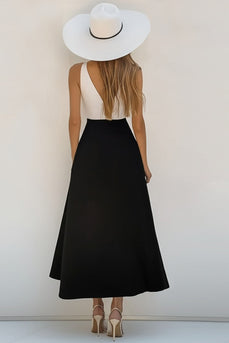 White and Black Satin V Neck A Line Boho Maxi Dress