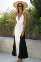 Load image into Gallery viewer, White and Black Satin Spaghetti Straps Boho Maxi Dress