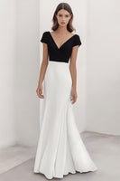 Load image into Gallery viewer, Black White Sheath V-Neck Satin Long Formal Dress with Sleeves