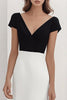 Load image into Gallery viewer, Black White Sheath V-Neck Satin Long Formal Dress with Sleeves