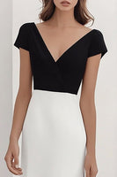 Load image into Gallery viewer, Black White Sheath V-Neck Satin Long Formal Dress with Sleeves
