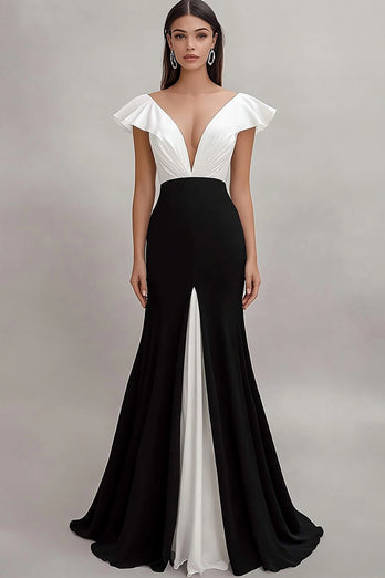 Black White Sheath V-Neck Ruffled Long Formal Dress